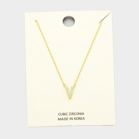 Initial Necklace Tiny CZ Cubic Zirconia .2" Monogram Letter V Rhinestone GOLD - PalmTreeSky