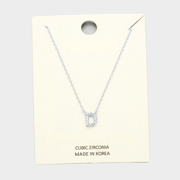 Initial Necklace Tiny CZ Cubic Zirconia .2" Monogram Letter D Rhinestone SILVER - PalmTreeSky