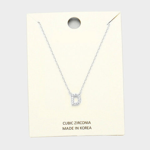 Initial Necklace Tiny CZ Cubic Zirconia .2" Monogram Letter D Rhinestone SILVER - PalmTreeSky