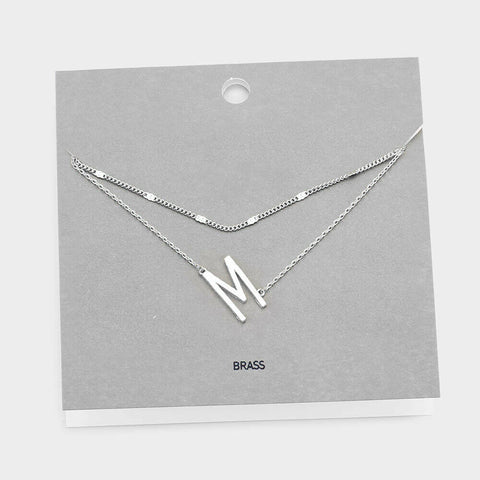 Initial Necklace Layered Chain Sideways Pendant Side Letter M Monogram SILVER - PalmTreeSky