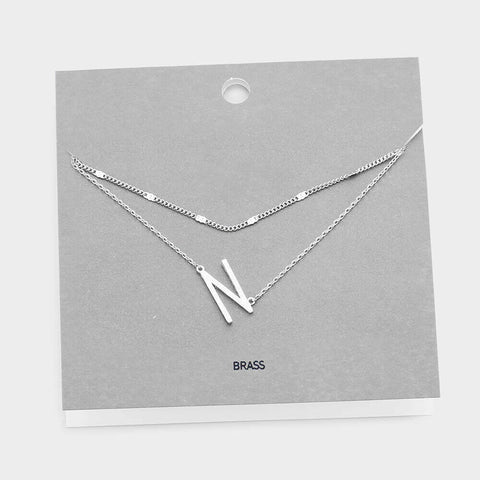 Initial Necklace Layered Chain Sideways Pendant Side Letter N Monogram SILVER - PalmTreeSky