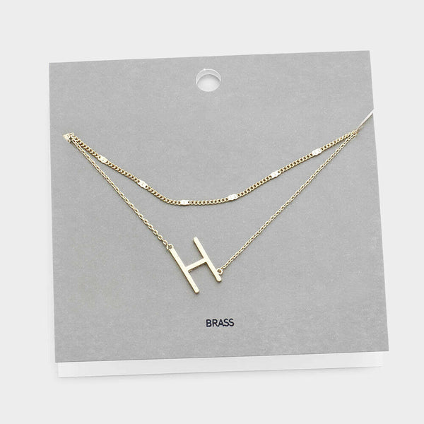 Initial Necklace Layered Chain Sideways Pendant Side Letter H Monogram GOLD - PalmTreeSky