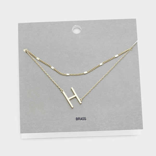 Initial Necklace Layered Chain Sideways Pendant Side Letter H Monogram GOLD - PalmTreeSky