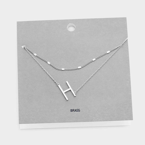 Initial Necklace Layered Chain Sideways Pendant Side Letter H Monogram SILVER - PalmTreeSky