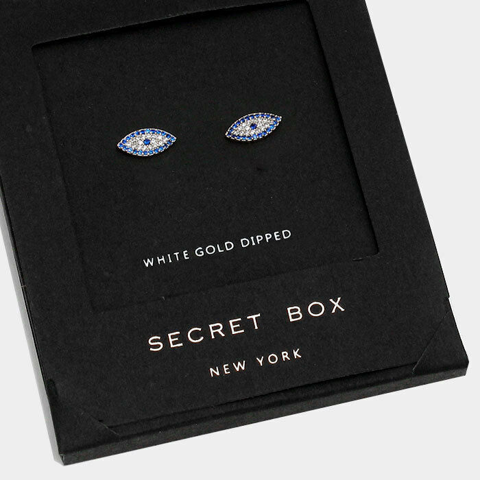 Hamsa Hand Earrings Tiny Secret Gift Box WHITE GOLD DIPPED Small Evil Eye Shape - PalmTreeSky