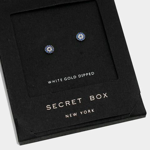 Hamsa Hand Earrings Secret Box WHT GOLD DIPPED Tiny Round Evil Eye Stud Post - PalmTreeSky