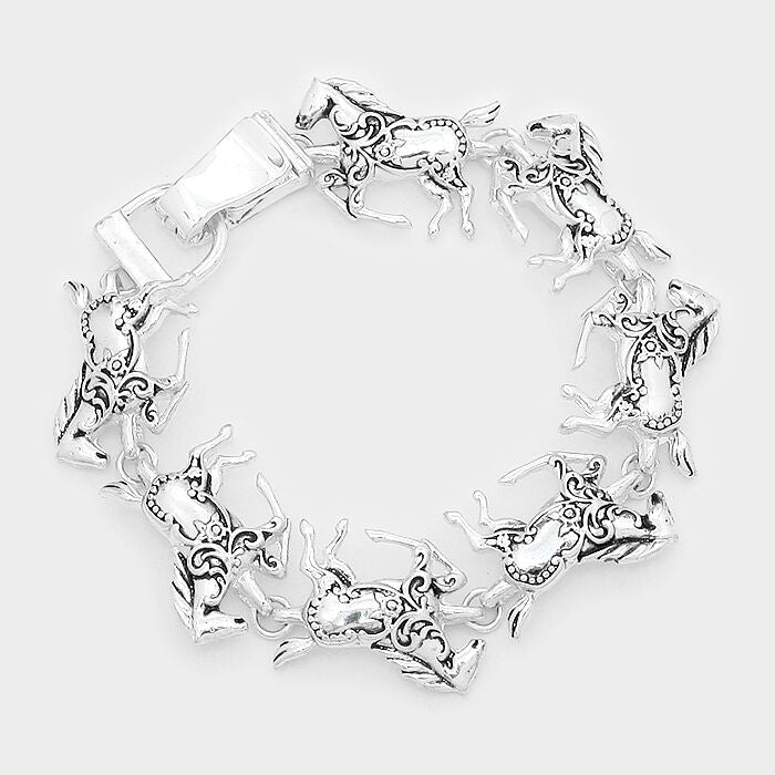 Horse Bracelet Chain Link Magnetic Closure Clasp Cowboy Filigree SILVER Country - PalmTreeSky