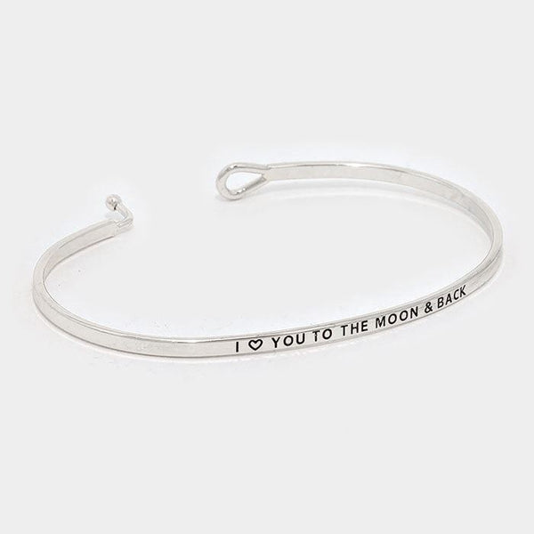 I Love You to the Moon and Back Bracelet Thin Metal Engraved Message Gift SILVER - PalmTreeSky