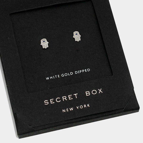 Hand Earrings Tiny Secret Gift Box WHITE GOLD DIPPED Evil Eye Post Stud Hamsa - PalmTreeSky