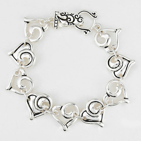 Heart Bracelet Magnetic Closure Clasp Metal Filigree Swirl Hearts 7.5" Long SLVR - PalmTreeSky