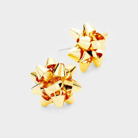 Gift Bow Earrings Metal Ribbon .75" Stud Post Holiday Party Ribbon Jewelry GOLD - PalmTreeSky