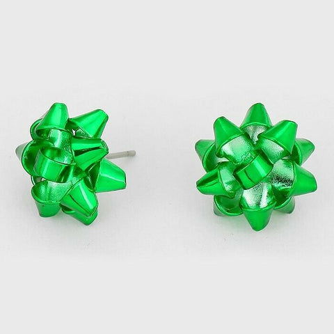 Gift Bow Earrings Metal Ribbon 5/8" Stud Post Holiday Party Ribbon Jewelry GREEN - PalmTreeSky