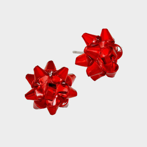 Gift Bow Earrings Metal Ribbon 5/8" Stud Post Holiday Party Ribbon Jewelry RED - PalmTreeSky