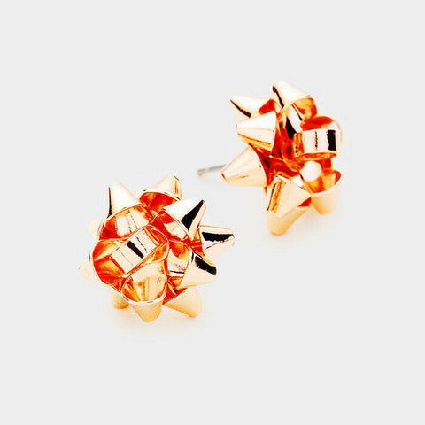 Gift Bow Earrings Metal Ribbon 5/8" Stud Post Holiday Party Ribbon Jewelry ROSE - PalmTreeSky