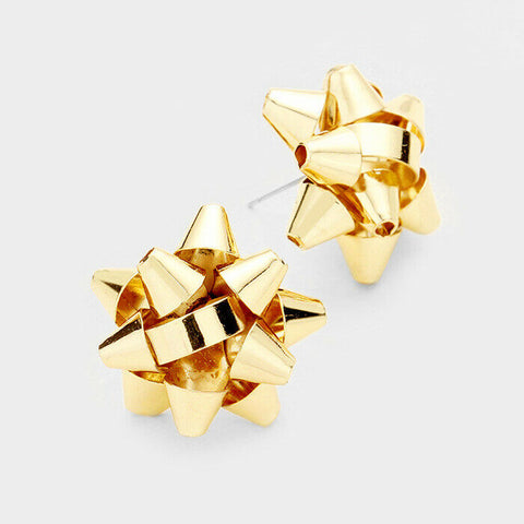 Gift Bow Earrings Metal Ribbon 1" Stud Post Holiday Party Ribbon Jewelry GOLD - PalmTreeSky