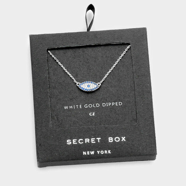 Evil Eye Necklace Tiny Secret Box Gift WHT GOLD DIPPED CZ Cubic Hamsa Hand Small - PalmTreeSky