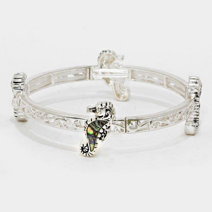 Filigree Bracelet Sea Horse Charm Stretch SILVER ABALONE SHELL Sealife Jewelry - PalmTreeSky