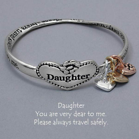 Daughter Charm Bangle Bracelet SILVER Travel Safe Inspiration Message Jewelry - PalmTreeSky