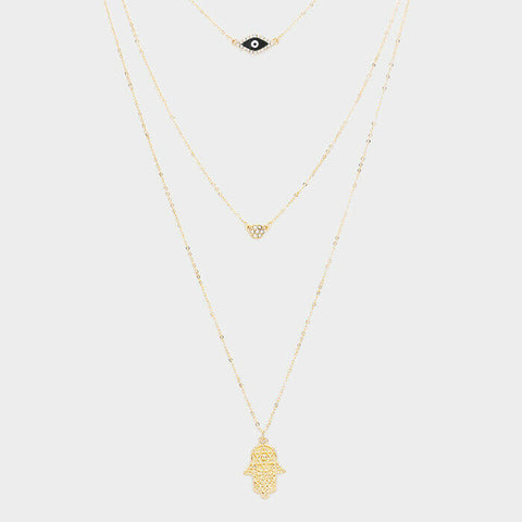 Evil Eye Necklace Thin Triple Layered Chains Hamsa Hand Pendant GOLD BLACK - PalmTreeSky