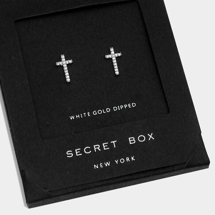 Cross Earrings Crystal Stud Secret Box WHITE GOLD DIPPED Small Classic Religious - PalmTreeSky