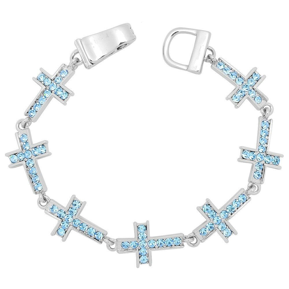 Cross Bracelet Chain Link Magnetic Closure Clasp SILVER Turq Stones Religious - PalmTreeSky