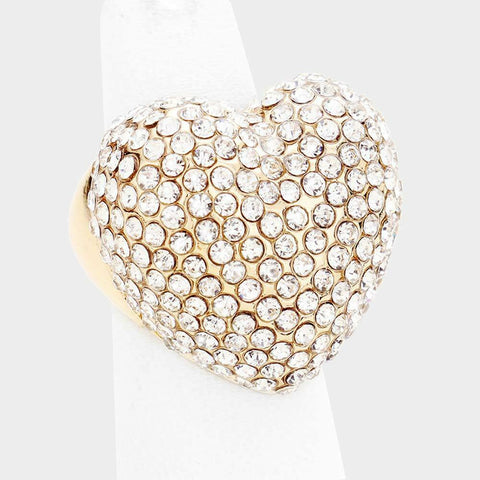 Cocktail Ring Large Heart Rhinestone Stretch 1"x1" Crystal Statement CLEAR GOLD - PalmTreeSky