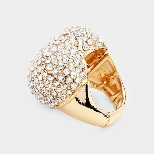 Cocktail Ring Large Heart Rhinestone Stretch 1"x1" Crystal Statement CLEAR GOLD - PalmTreeSky