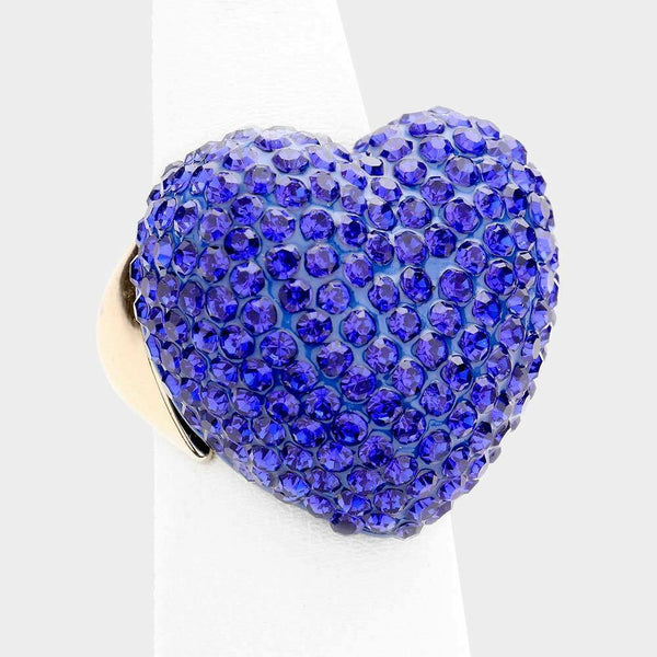 Cocktail Ring Large Heart Rhinestone Stretch 1"x1" Crystal Statement BLUE GOLD - PalmTreeSky