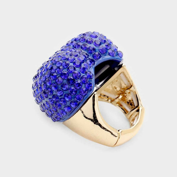 Cocktail Ring Large Heart Rhinestone Stretch 1"x1" Crystal Statement BLUE GOLD - PalmTreeSky