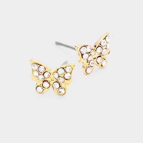 Butterfly Earrings Stud Post Rhinestone Crystal Pave Flower GOLD CLEAR Jewelry - PalmTreeSky