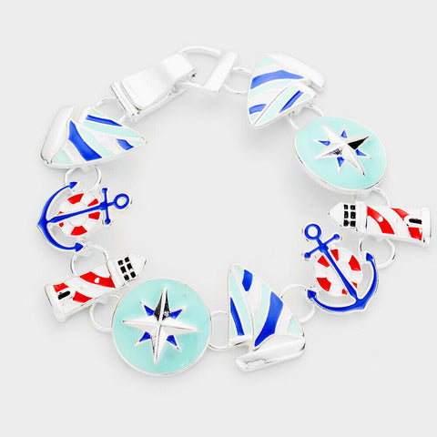 Anchor Bracelet Magnetic Closure Clasp Light House Star Sail Boat BLUE WHITE - PalmTreeSky