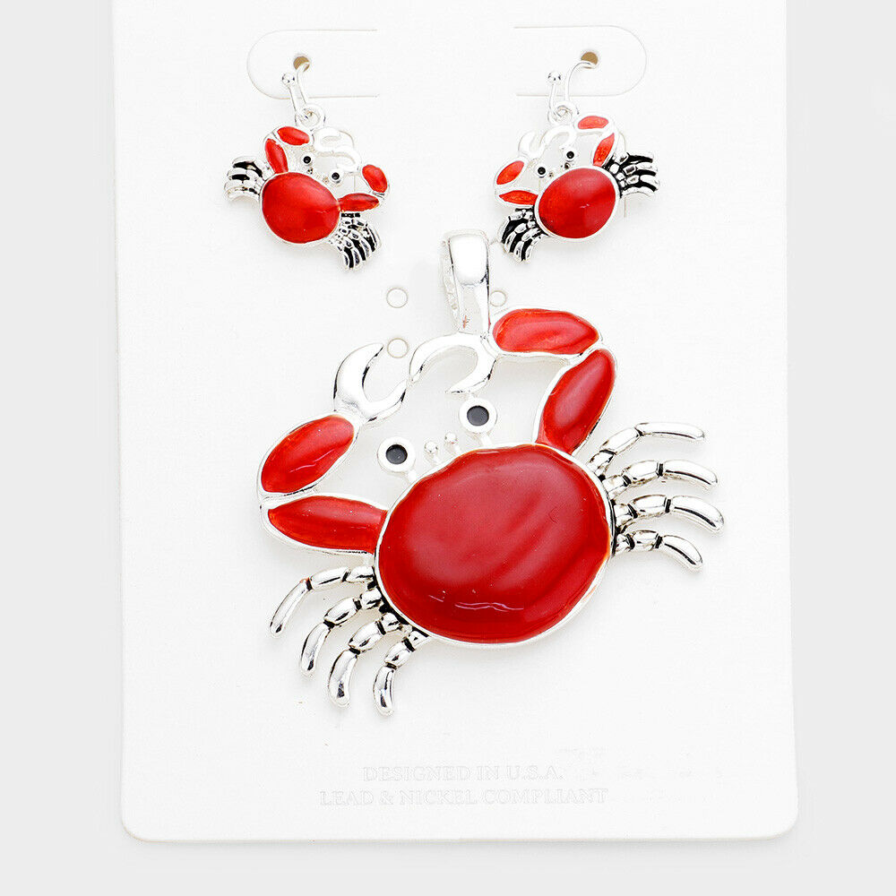 Crab Pendant Earrings SET Shell Sand Beach Ocean Sea SILVER RED Magnetic Jewelry - PalmTreeSky