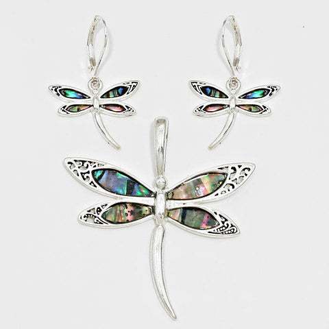 Dragonfly Pendant Earrings SILVER MULTI Abalone Butterfly Tree Leaf Jewelry - PalmTreeSky