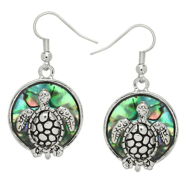 Turtle Earrings Abalone Shell Round Disc Beach Sea Life SILVER Swim Sand Jewelry - PalmTreeSky