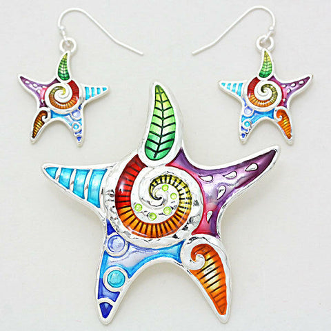 Starfish Pendant Earrings Solid Metal SILVER MULTI Funky SeaLife Beach Jewelry - PalmTreeSky