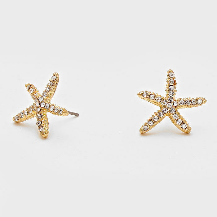 Starfish Earrings Rhinestone Studs GOLD 3/4" Post Nautical Beach Surf Jewelry - PalmTreeSky