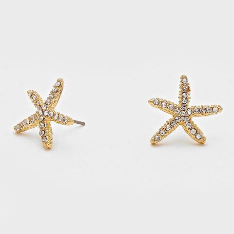 Starfish Earrings Rhinestone Studs GOLD 3/4" Post Nautical Beach Surf Jewelry - PalmTreeSky