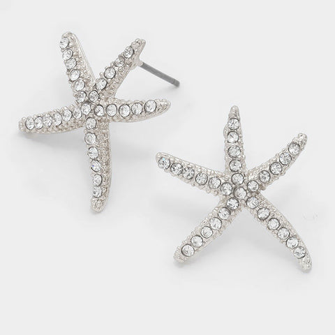 Starfish Earrings Pave Rhinestone Crystal Studs SLVR 0.8" Sea Beach Surf Jewelry - PalmTreeSky