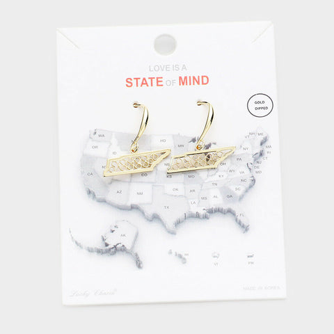 State Earrings Tiny Filigree .65" Drop Map TENNESSEE Hometown Travel Home GOLD - PalmTreeSky