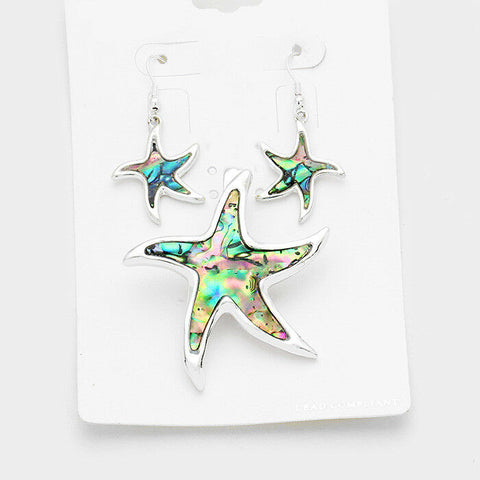 Starfish Pendant Earrings SET Abalone Shell SILVER 2"L Beach Sea Life Magnetic - PalmTreeSky