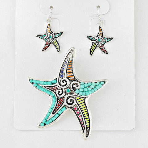 Starfish Pendant Earrings SET MULTI COLOR Beaded Swirls Metal SILVER Jewelry - PalmTreeSky