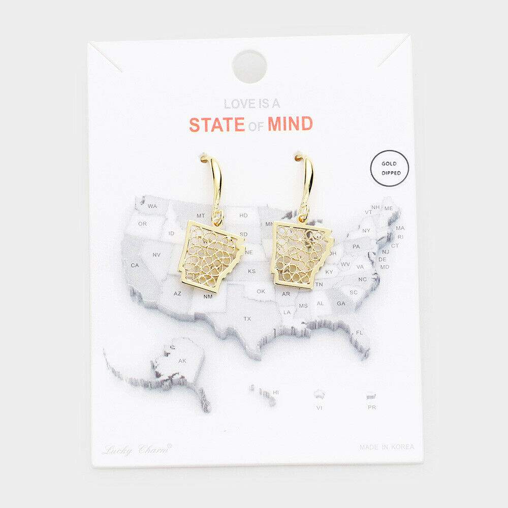 State Earrings Tiny Filigree .65" Drop Map ARKANSAS Hometown Travel Home GOLD - PalmTreeSky