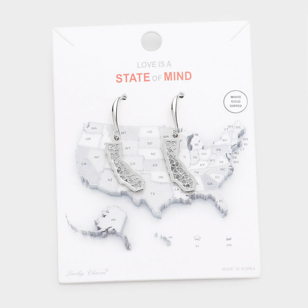 State Earrings Tiny Filigree .65" Drop Map CALIFORNIA Hometown Travel Home SLVR - PalmTreeSky