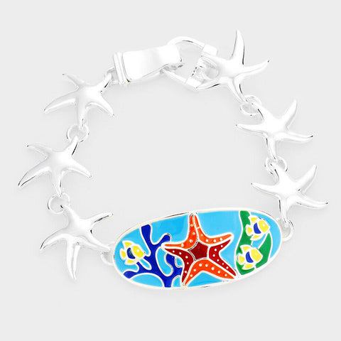 Starfish Bracelet Enamel Art Printed Disc Sea Life Magnetic Clasp SILVER MULTI - PalmTreeSky