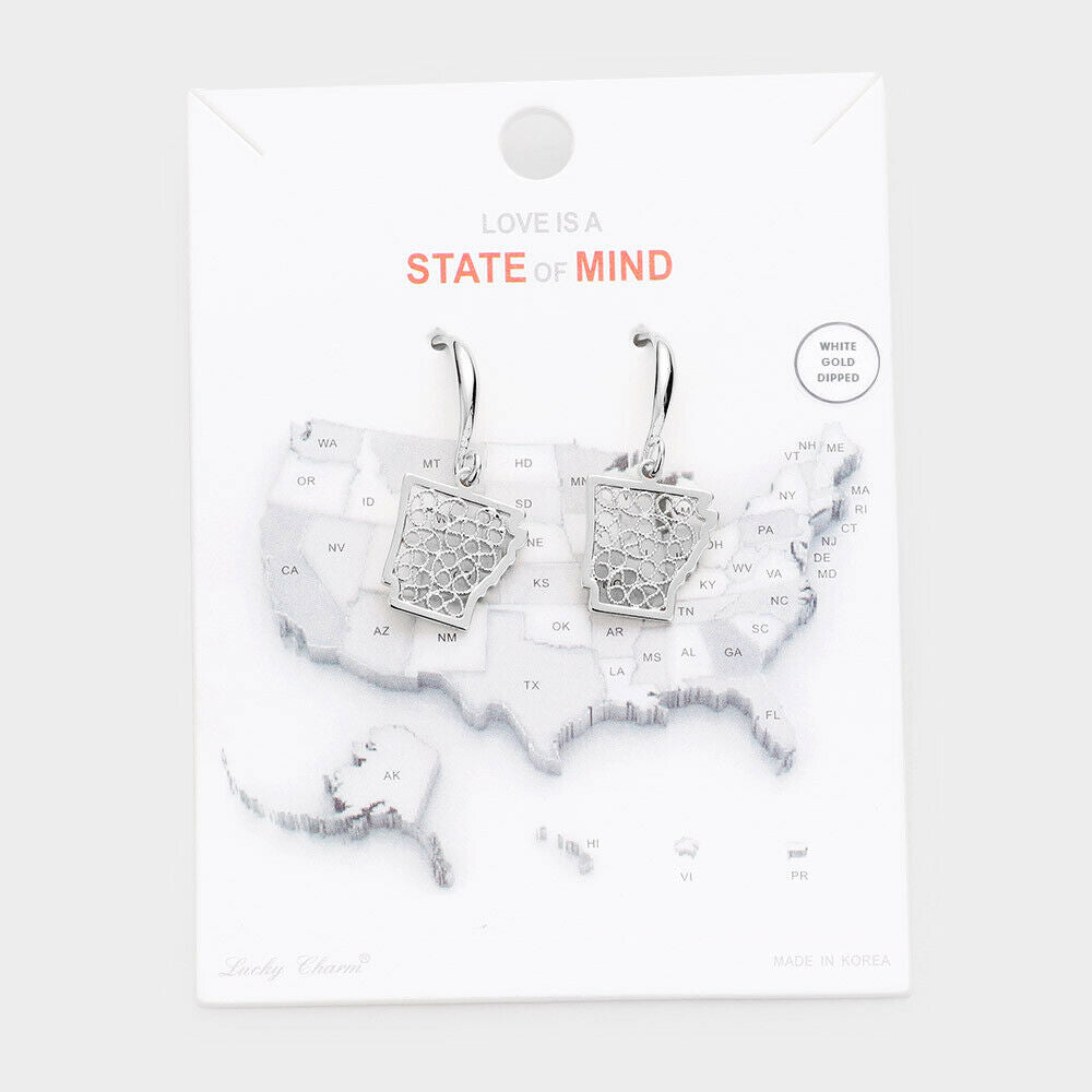 State Earrings Tiny Filigree .65" Drop Map ARKANSAS Hometown Travel Home SILVER - PalmTreeSky