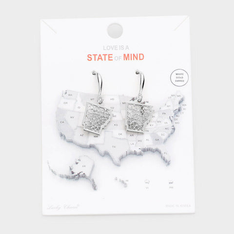 State Earrings Tiny Filigree .65" Drop Map ARKANSAS Hometown Travel Home SILVER - PalmTreeSky