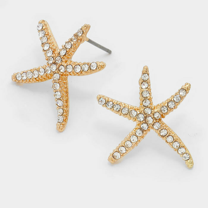 Starfish Earrings Pave Rhinestone Crystal Studs GOLD 0.8" Sea Beach Surf Jewelry - PalmTreeSky