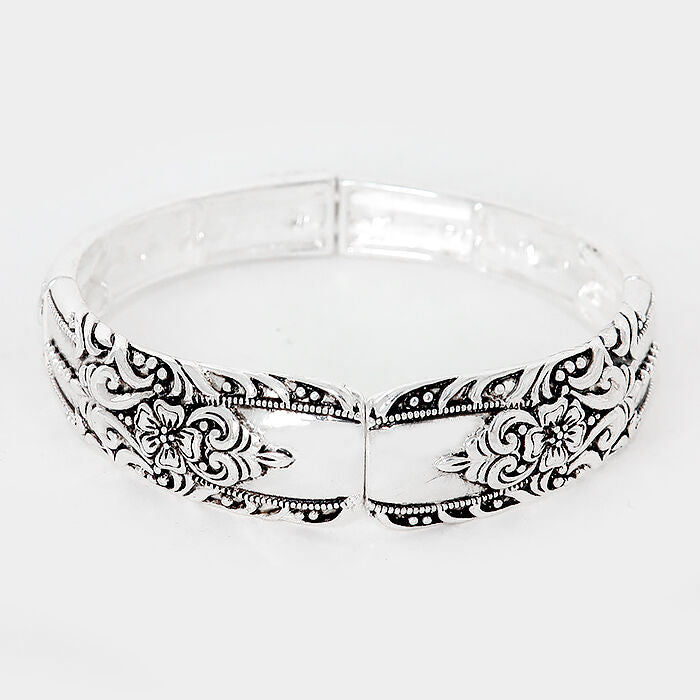 Spoon Stretch Bracelet Vine Design Handle Plain Metal SILVER Filigree Jewelry - PalmTreeSky