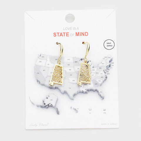 State Earrings Tiny Filigree .65" Drop Map ALABAMA Hometown Travel Home GOLD - PalmTreeSky