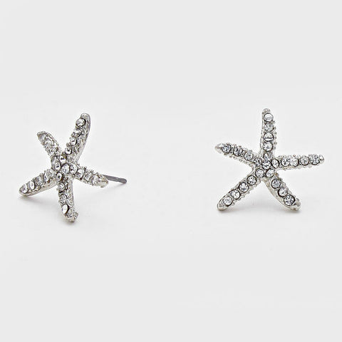 Starfish Earrings Rhinestone Studs SILVER 3/4" Post Nautical Beach Surf Jewelry - PalmTreeSky